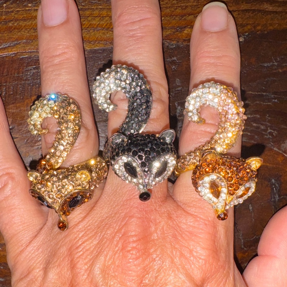 Set of 3 Adjustable Rhinestone Fox Cocktail Rings.